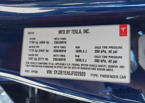 2018 Tesla Model 3 Long Range/Mid Range from USA, damaged, VIN 5YJ3E1EA5JF022620